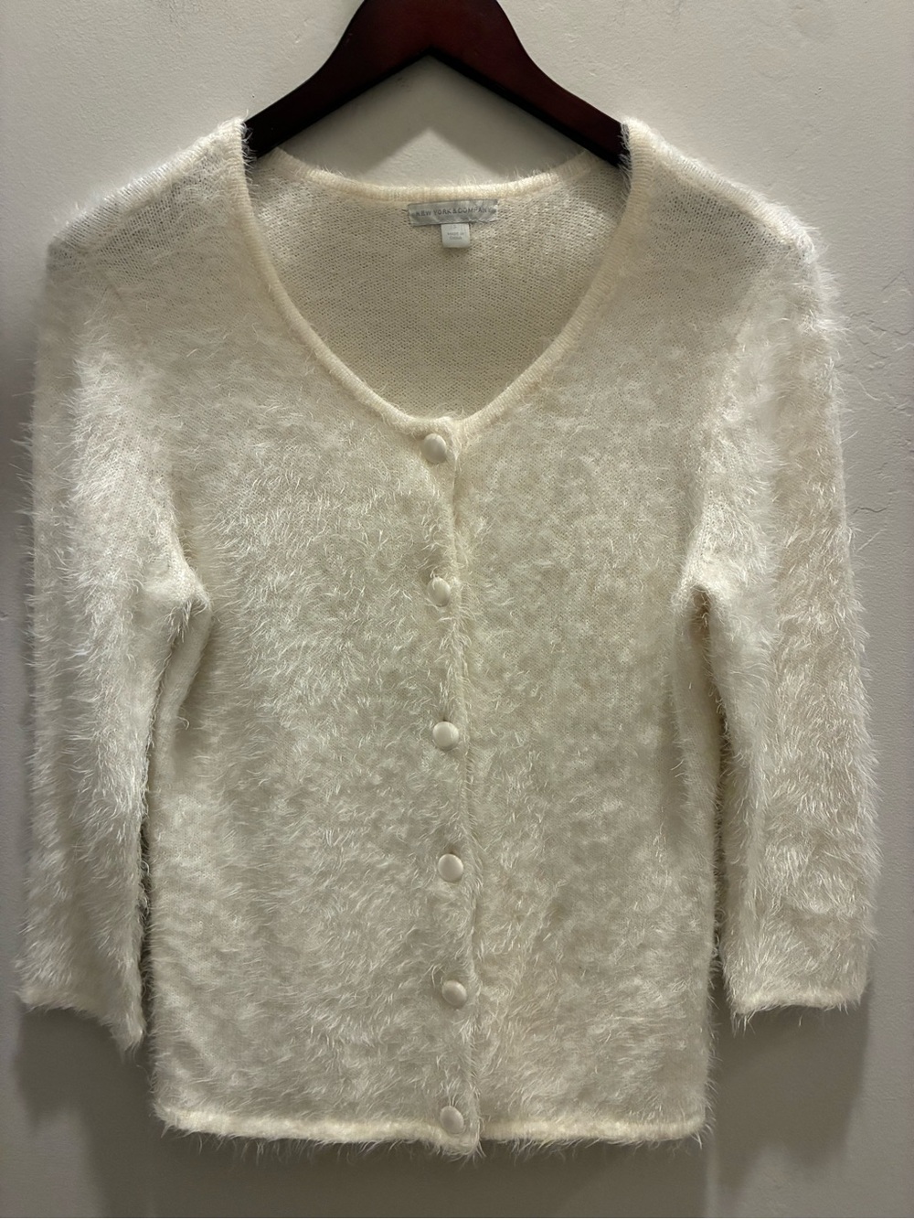 New York & Company Ivory Fuzzy Button-Front V-Neck Cardigan